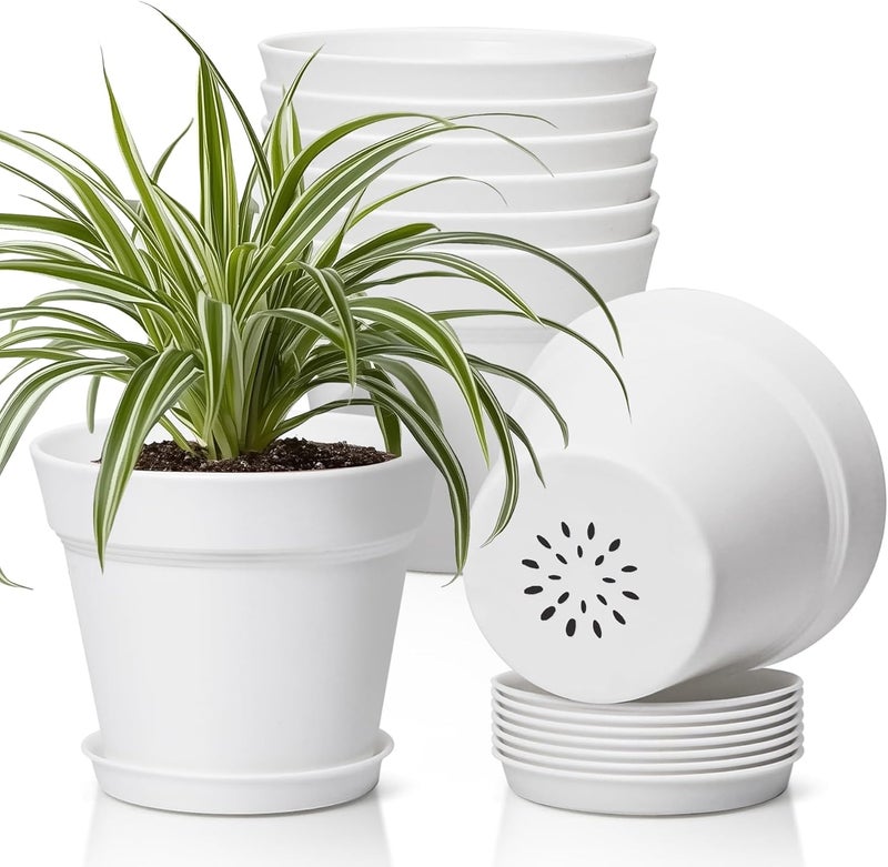 T4U 6 Inch Plant Pot 8-Pack, Plastic Planter with Drainage Hole and Saucer, Decorative Nursery Pots Bulk for African Violet, Snake Plant, Succulent, Herb and Plants Indoor (8 Pcs 6" Pots, White) - Image 1
